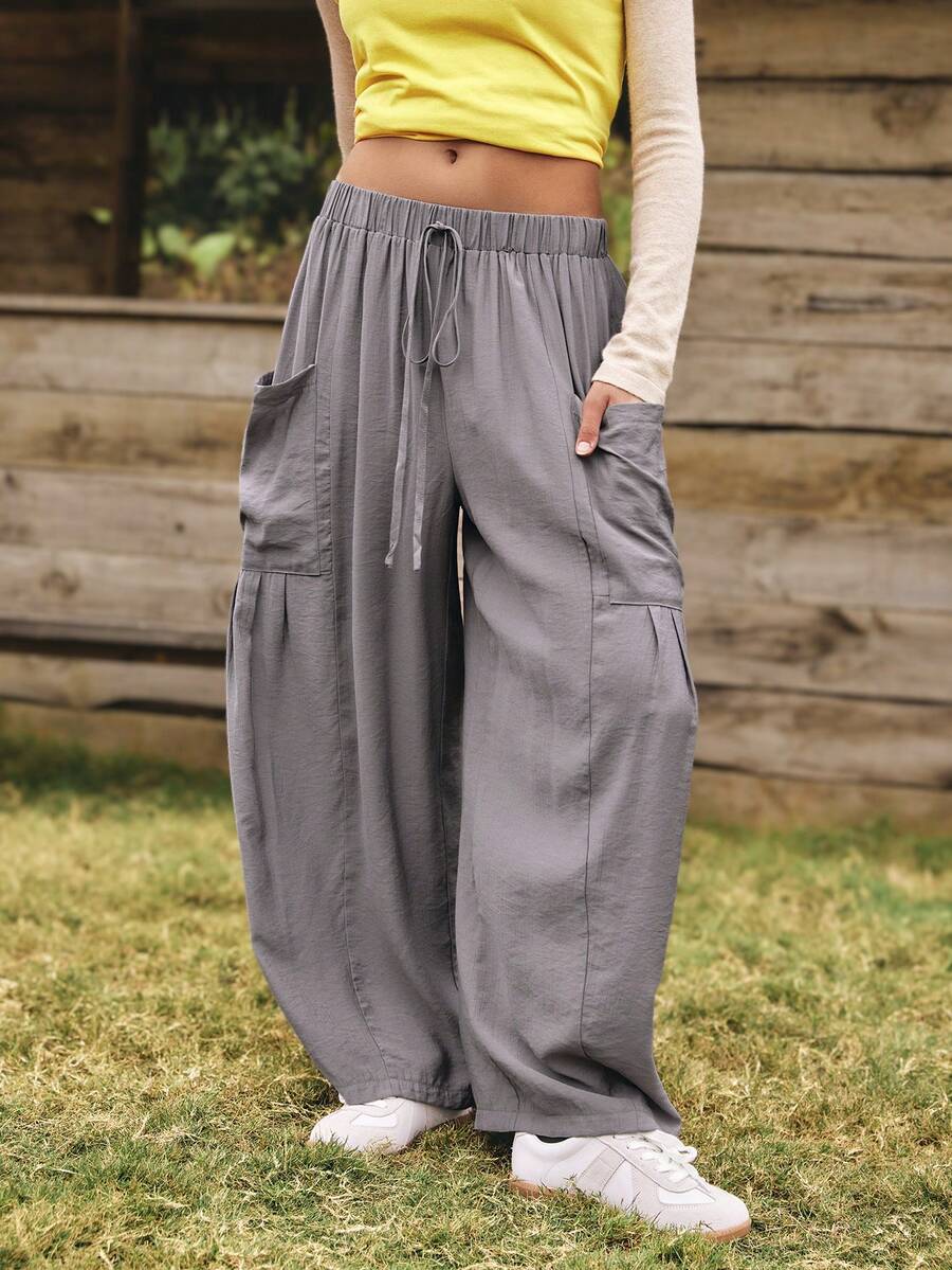 SHEIN Unity Damen Hose mit elastischem Bund, Kordelzug, weitem Bein und großen Taschen, ideal für Frühling und Herbst - Grau - Übersicht 1