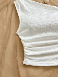 Soleia 度假风性感不对称肩带系带飘逸修身浅黄色女式上衣，适合派对、度假、音乐节、波西米亚风、假日约会、下午茶等场合。 - 白色 - 查看 5