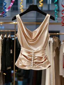 SHEIN Women's Tank Top, Apricot-Colored Solid Tank Top, Champagne-Colored Guest Attire, Sleeveless - Apricot - View 3