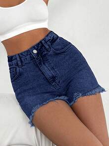 EURMUSE 100Cotton Mini Heavy Destroy Short With Back Label Detail Work Dark Blue Summer Streetwear - Medium Wash - View 7