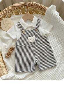 Newborn Baby Boy Casual Cute Cartoon Pattern Striped Bib Romper - Multicolor - View 1