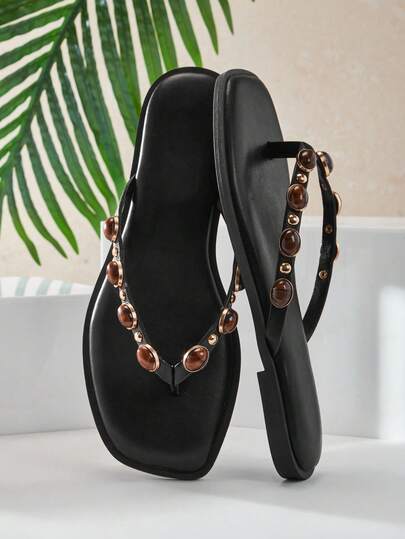SHUZIA #QuietLuxury Women's  Tiger Eye Gemstone-Decor Square Toe Faux Leather Black Flip-Flop Sandals – Elegant, Refined & Comfortable