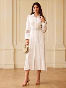 ZEYLAH White Lace Patchwork Hollow Out Breathable Fitted Midi Dress, Elegant Mori Style For Spring & Summer - White - View 4