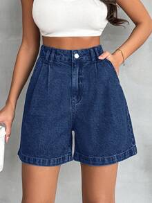 EURMUSE 100%纯棉高腰钢笔细节复古水洗 - 寶藍色 - 查看 8