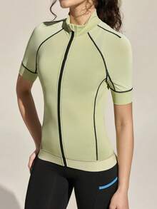 Exploreva Maillot de ciclismo para mujer con parches, malla transpirable y contraste de colores para deportes al aire libre - Verde - Ver 6