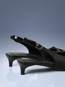 CUCCOO GRLICON Burgundy Patent Leather Pointed Multi-Buckle Strap Design Empty Kitten And Women's High Heels - Black - View 4