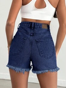 EURMUSE 100Cotton Mini Heavy Destroy Short With Back Label Detail Work Dark Blue Summer Streetwear - Medium Wash - View 2