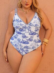 Swim Chiccia Plus Size Women's Floral Print Spaghetti Strap Ruffled Front One-Piece Swimsuit, Suitable For Beach/Resort - Multicolor - View 4