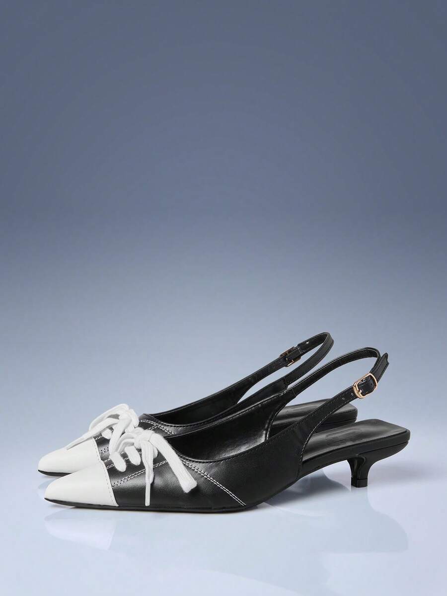 CUCCOO GRLICON Black & White Pointed Toe Lace-Up Decor Backless Kitten Heel Pumps, 2000's Style, Y2K Fashion, Suitable For Spring, Summer, Vacation - black and white color matching - View 1
