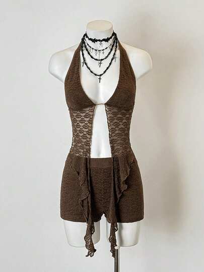 Jeanoix 复古Y2K性感露脐上衣和超短蕾丝短裤套装，适合度假、约会、街头、音乐节、休闲穿着，春夏皆宜。