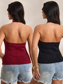 SHEIN WOMEN'S WEAR Button-Front Knit Cami Top, 2 Packs (Black & Burgundy) - Multicolor - View 4