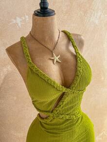 Soleia Spring/Summer New Casual Vacation Western Beach Wedding Guest Attire Graduation Brunch St. Patrick's Day Spring Break Easter Music Festival Elegant Bohemian Tropical Backless Handwoven Crochet Textured Green Mini Dress For Women - Green - View 4