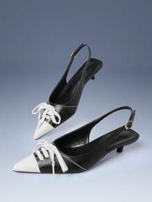 CUCCOO GRLICON Black & White Pointed Toe Lace-Up Decor Backless Kitten Heel Pumps, 2000's Style, Y2K Fashion, Suitable For Spring, Summer, Vacation - black and white color matching - View 5