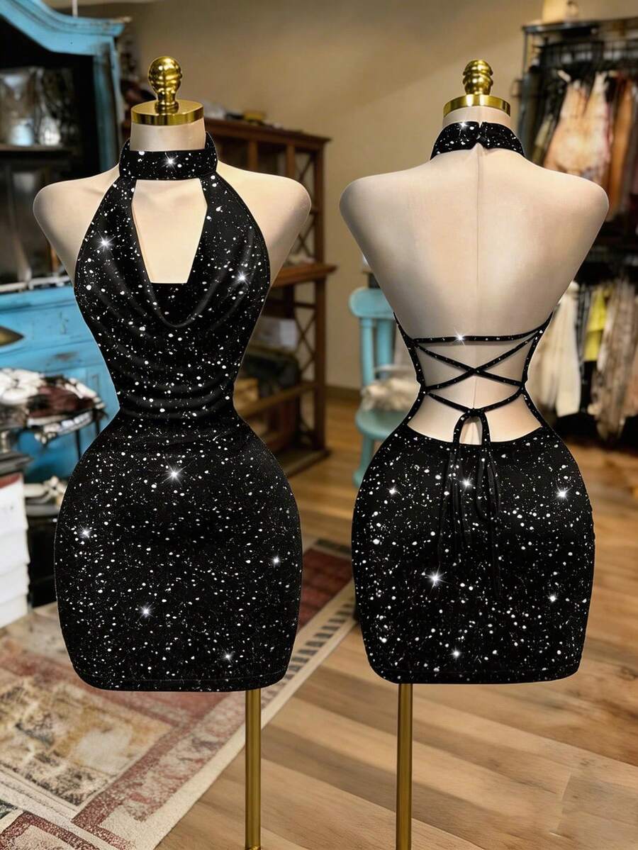 Franclia 时尚性感露背系带紧身迷你连衣裙（女款） - 黑色 - 查看 1