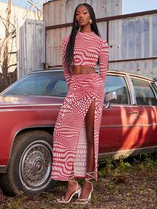 NYA SZN Matching Set Top Skirt Long Sleeve Maxi Length Split Hem Polka Dot Fitted Easter St. Patricks Day Brunch Casual Festival Concert Everyday Going Out Party Special Occasion Travel Vacation Office Siren Western Country Date Night Elegant Luxury Outfits For Women - Red and White - View 5