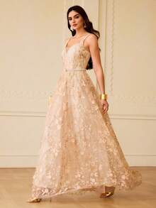 ZEYLAH Women's Elegant Embroidered Long Dress - Champagne - View 3