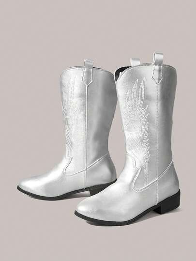 Styleloop Women's Red Western Embroidered Pull-On Ankle Boots, Leather Motorcycle Knee-High Boots, Chunky Heel Mid-Calf Boots,Coachella Festival Wear