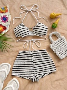 Soleia Bộ đồ 2 mảnh dành cho nữ mùa hè, gồm áo hai dây kẻ sọc và quần short. - Nhiều màu - Xem 3