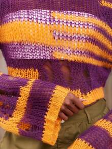 NYA SZN Top Long Sleeve Mini Flare Scoop Neck Cropped Loose Knit Knitwear Orange Purple St. Patrick's Day Easter Spring Summer Boho Beach Vacation Travel Event Party Festival Outfits For Women - Multicolor - View 4