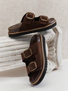 SHUZIA Sandalias planas de mujer con correa doble hebillada y diseño minimalista cómodo - Marrón Chocolate - Ver 7