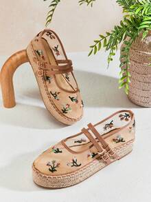 Solezae Giày đế xuồng nữ thời trang thường ngày, thoải mái, thoáng khí, chất liệu lưới, thêu hoa, mũi tròn. - Màu be - Xem 5