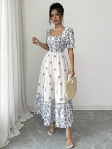 Elenzga Vestido de línea A con cintura ceñida, cuello cuadrado y estampado, elegante para vacaciones, uso diario, de manga corta - Multicolor - Ver 8