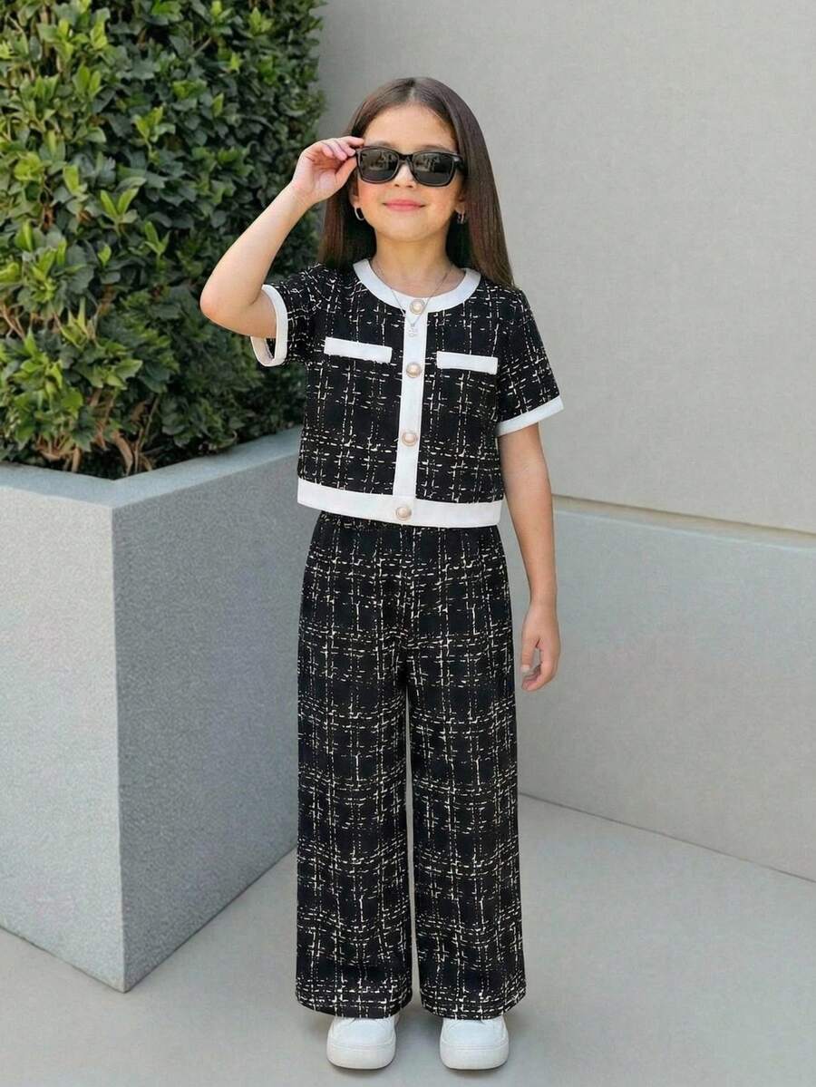 Firerie Kids Firerie Kids 两件套少女休闲正式优雅返校套装,黑白撞色珍珠纽扣衬衫搭配直筒撞色长裤,返校季少女装 - 黑色 - 查看 1
