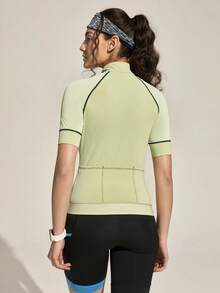Exploreva Maillot de ciclismo para mujer con parches, malla transpirable y contraste de colores para deportes al aire libre - Verde - Ver 2