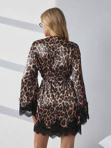 HautHeat Women's Lace & Leopard Print Flare Sleeve Robe - Coffee Brown - View 2