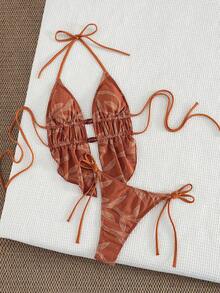 Bonvoyette 2pcs Women's Summer Textured Fabric Camisole & Thong Bikini Set - Multicolor - View 1