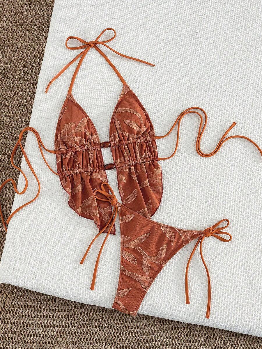 Bonvoyette 2pcs Women's Summer Textured Fabric Camisole & Thong Bikini Set - Multicolor - View 1