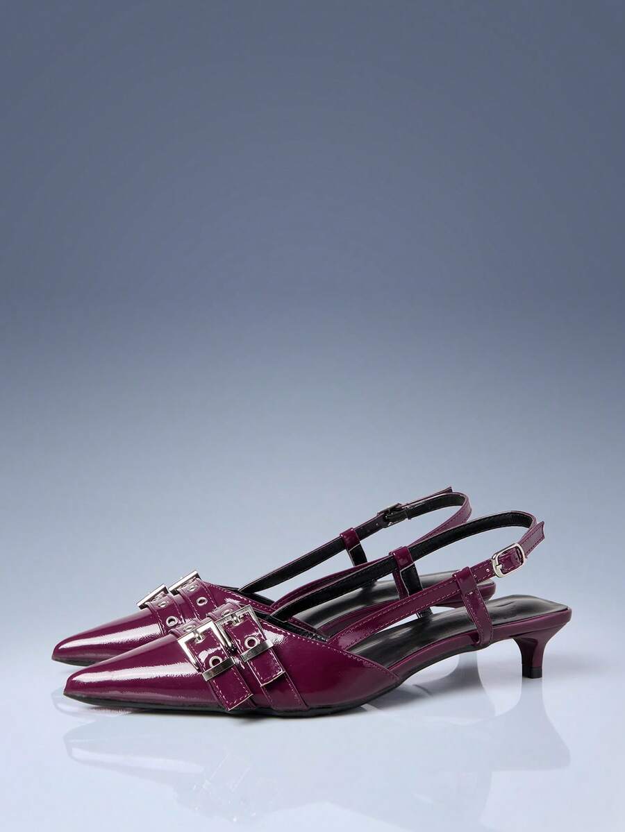 CUCCOO GRLICON 复古酒红色漆皮尖头鞋，饰有多扣装饰，猫跟设计，2000年代风格，Y2K时尚，适合春夏度假季穿着 - 酒紅色 - 查看 1