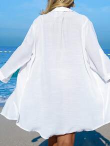 Swim Vcay Women's White Coconut Tree Button Casual Vacation Beach Kimono Cover Up - White - View 2
