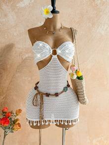 Soleia 女士休闲、度假、西部风、海滩婚礼宾客、毕业典礼、早午餐、圣帕特里克节、春假、复活节、音乐节优雅波西米亚热带流苏亮片毛衣迷你连衣裙 - 米色 - 查看 5