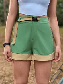 SHEIN In My Nature Pantalones cortos de mujer casuales de verano con bolsillo con cremallera y contraste de color - Verde - Ver 3