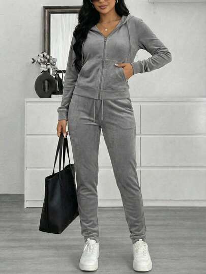  Nes Sport Conjuntode 2 Piezas Chamarra y Pants para Dama Terciopelo, Conjunto Velour Compuesto Por Sudadera Con Capucha y Pantalones