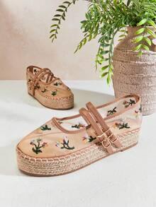 Solezae Giày đế xuồng nữ thời trang thường ngày, thoải mái, thoáng khí, chất liệu lưới, thêu hoa, mũi tròn. - Màu be - Xem 4