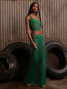 NYA SZN Matching Set Top And Skirt Tank Sleeveless Maxi Length Fishnet Mesh Festival Concert Easter St. Patricks Day Brunch Casual Everyday Going Out Party Special Occasion Travel Vacation Office Siren Western Country Date Night Elegant Luxury Outfits For Women - Green - View 5