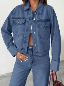 EURMUSE Dark Washed Denim Cropped Jacket And Straight Fit Jean Set - Medium Wash - View 6