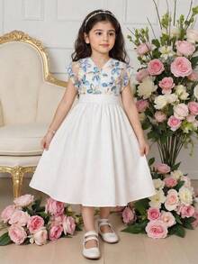 SHEIN Tween Girls' Elegant White V-Neck Short Sleeve Dress,White And Blue Floral Summer Wedding Guest Girl Vintage Midi Dress Puff Sleeves Spring Dress - White - View 2
