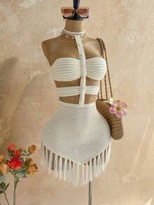 Soleia Women's Vacation Knit Textured Fringe Shell Strap Mini Dress, Sexy Party Date Beach Holiday Summer Outfit, Suitable For Holiday Date, Afternoon Tea, Wedding Season, Beach Cruise Vacation, City Road Trip Vacation, Boho Vacation, Music Festival - Beige - View 6