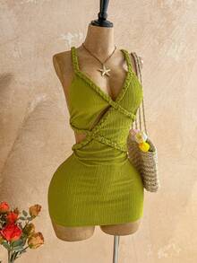 Soleia Spring/Summer New Casual Vacation Western Beach Wedding Guest Attire Graduation Brunch St. Patrick's Day Spring Break Easter Music Festival Elegant Bohemian Tropical Backless Handwoven Crochet Textured Green Mini Dress For Women - Green - View 5