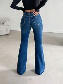 Petite Elastic High Waist Flare Leg Jeans - Dark Wash - View 3
