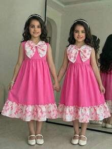 SHEIN DRMZ Tween Girls' Big Bowknot Patchwork Print Vacation Dress,Kids - Pink - View 3