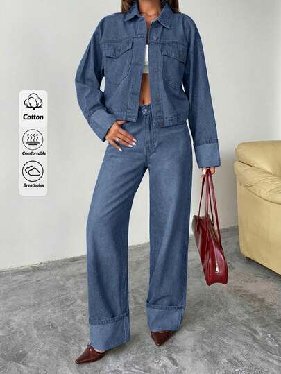 EURMUSE Blue Denim Cropped Jacket And Straight Fit Jean Set Everyday Going Out Fall Casual Streetwear