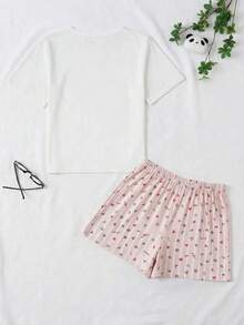 EURMUSE Damen Baumwolle 3-teiliges Homewear Pyjama Set mit Herz-Muster Kurzarmshirt, gestreifter LOVE Muster Shorts und Hose - Verschiedenfarbig - Übersicht 2