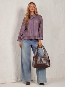 Glamine Casual Commuter Striped Ruffle Front Button Up Blouse - Multicolor - View 4