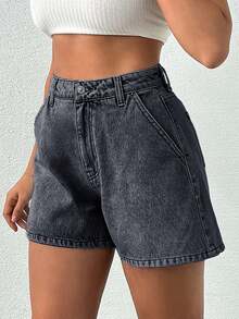 EURMUSE 女士夏季休闲日常斜插口袋阔腿牛仔短裤 - 灰色 - 查看 3