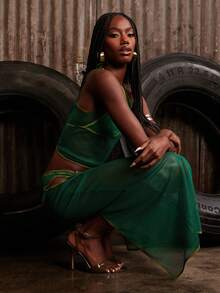 NYA SZN Matching Set Top And Skirt Tank Sleeveless Maxi Length Fishnet Mesh Festival Concert Easter St. Patricks Day Brunch Casual Everyday Going Out Party Special Occasion Travel Vacation Office Siren Western Country Date Night Elegant Luxury Outfits For Women - Green - View 6