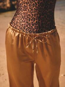 Aralina Luxury Satin Feel Wide Leg Relaxed Fit Adjustable Drawstring Waist Effortless Drape Modern Minimal Statement Pants - Brown - View 5